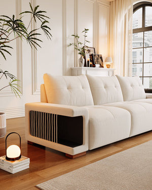 English Elm 3 Seater Sofa Modern 89" Beige Velvet Couch for Small Spaces Cat-Friendly Waterproof Scratch-Resistant W2656S00001