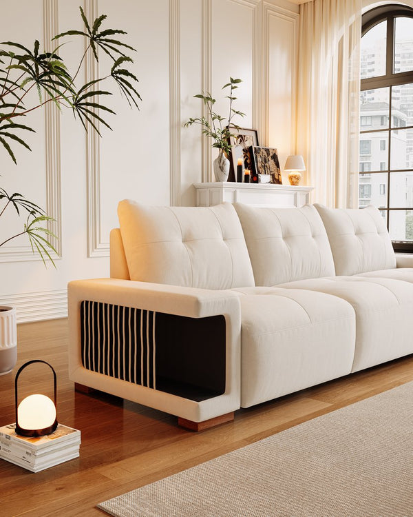 English Elm 3 Seater Sofa Modern 89" Beige Velvet Couch for Small Spaces Cat-Friendly Waterproof Scratch-Resistant W2656S00001