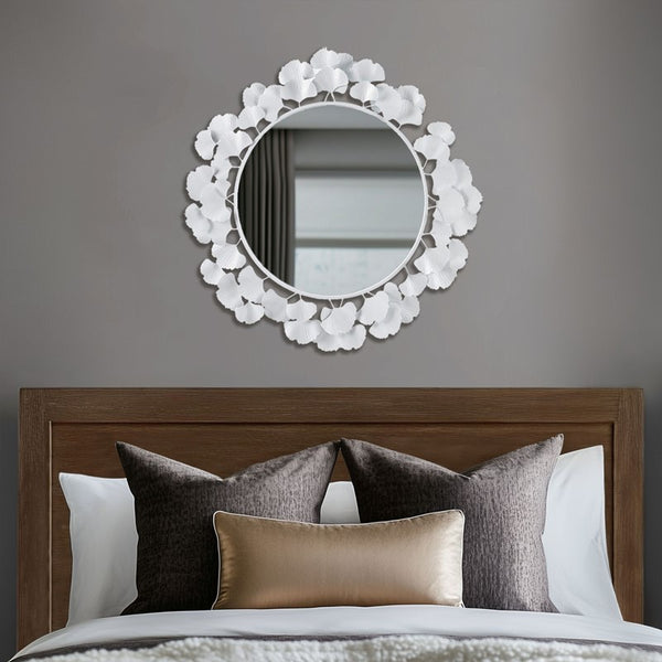 English Elm 30.5"Eden Gingko Leaf Round Wall Mirror with Decorative Iron Frame and Center Mirror Accent White 32.28 L x 32.09 W x 2.56 H B035P366554
