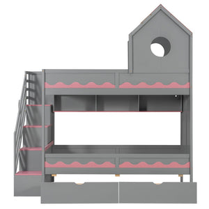 English Elm Twin Over Kids Bunk Bed with Castle Roofline Led Lights and Staircase Storage Gray N820S00068E