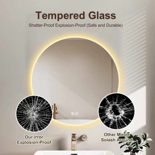English Elm Round Led Wall Mirror with Dimming Touch Control for Bathroom Vanity or Bedroom W2071P313051