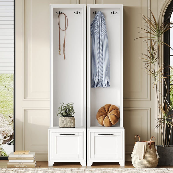 English Elm On-Trend Elegant Hall Tree Set Of 2 - 3-In-1 Entryway Coat Rack With Bench, Drawers & Hooks, White N721P249242K-GIGA