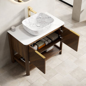 English Elm Dina Floating Bathroom Vanity Sintered Stone Top Glass Basin Striped Plywood Cabinet W2615S00512