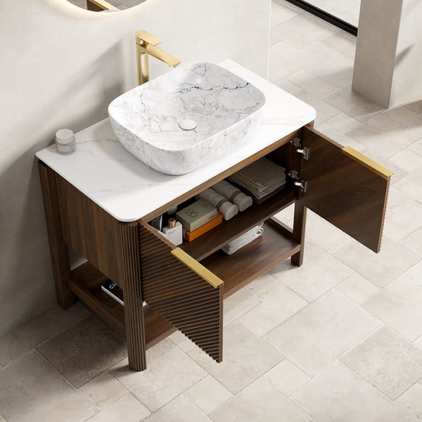 English Elm Dina Floating Bathroom Vanity Sintered Stone Top Glass Basin Striped Plywood Cabinet W2615S00512