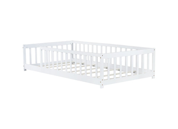 English Elm Twin Solid Rubberwood Floor Bed with Full Perimeter Safety Rails for Toddler Rooms White W504P296795