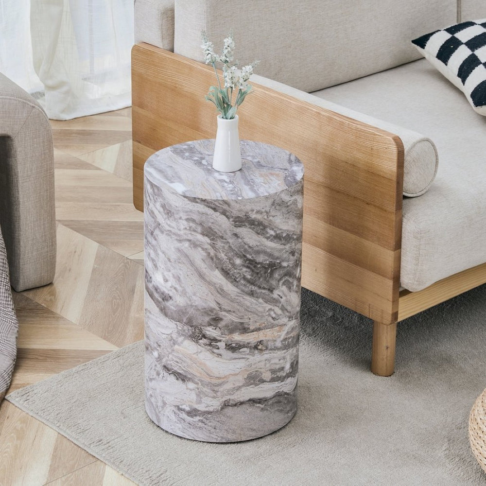 English Elm Simple Marble Textured Cylindrical Side Table Mdf Stone Look Accent for Modern Interiors W1151P291448