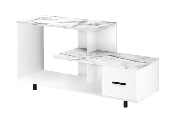 English Elm Tv Stand 48 Inch Console with Faux Marble Top, Art-Deco Media Center, Drawer & Open Shelving for Living Room White 51 L x 19 W x 7 H B2710P219088