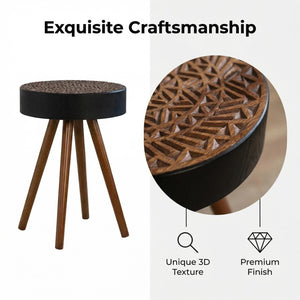 English Elm 15.7-inch Round Carved Mdf Accent Table Distressed Vintage Style for Bedroom or Living Room W3935P406043