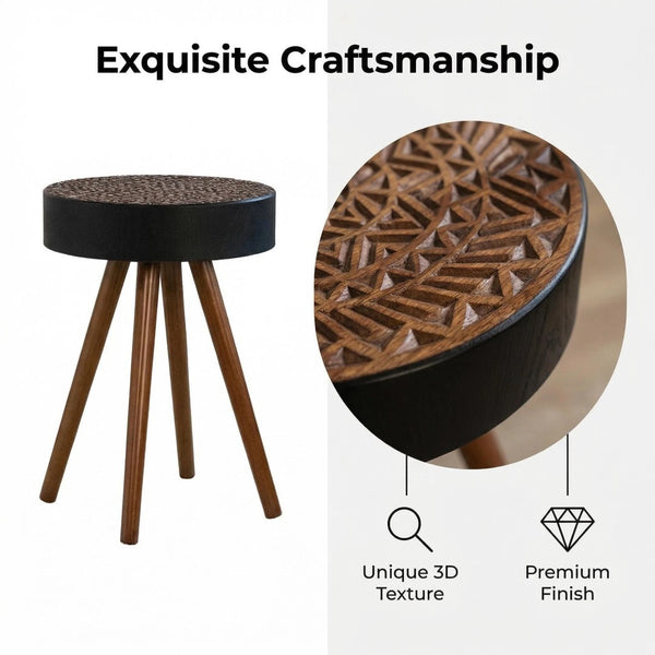 English Elm 15.7-inch Round Carved Mdf Accent Table Distressed Vintage Style for Bedroom or Living Room W3935P406043