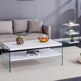 English Elm Double Rectangular Coffee Table. The Board Surface Is Mdf, With White Stickers, and Both Sides Are Transparent Tempered Glass. Suitable For Living Room, Bedroom and Other Occasions.