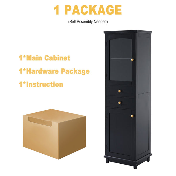 English Elm 63" Tall Bathroom Vanity Cabinet with Glass Doors, Two Drawers and Adjustable Shelves for Stylish Storage Black N729P171305B