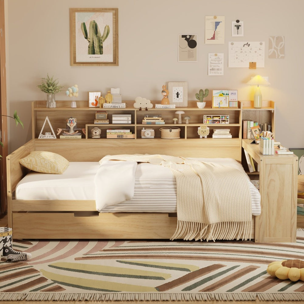 English Elm Wooden Twin Daybed with Trundle Built-in Desk and Open Shelves for Kids Rooms Natural N733S373391M