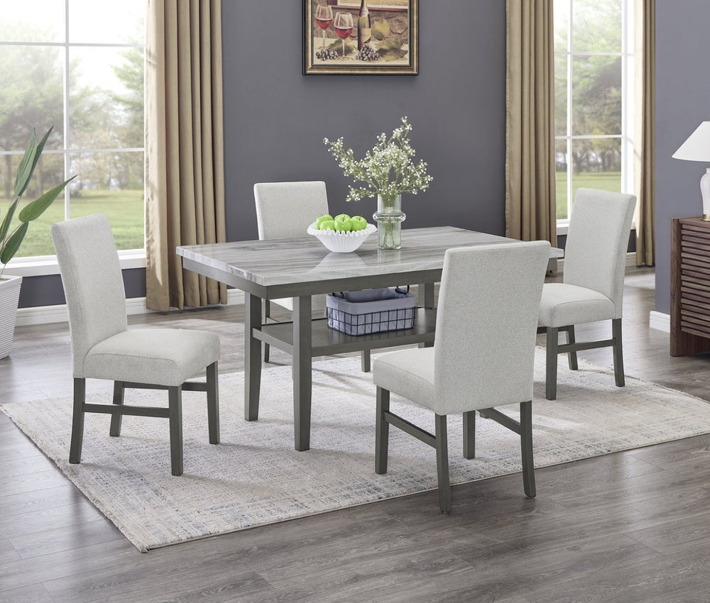 English Elm Luna Faux Marble Rectangular Dining Set with Four Upholstered Chairs Seats Six B2749S00321