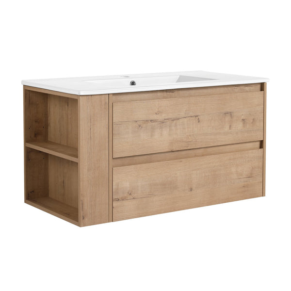 English Elm 36" Wall Mounting Bathroom Vanity With Ceramic Sink, Side Adjustable Shelf, Soft-Close Drawers, Water-Resistant Plywood Finish W999S00142