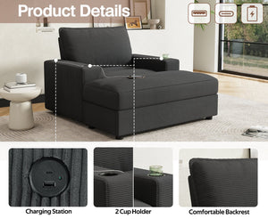 English Elm Christopher Knight Home® - 42.8" Oversized Chaise Lounge with Storage Ottoman, Corduroy Upholstery, USB Port & Cup Holders for Cozy Living Space Grey N765P350851G