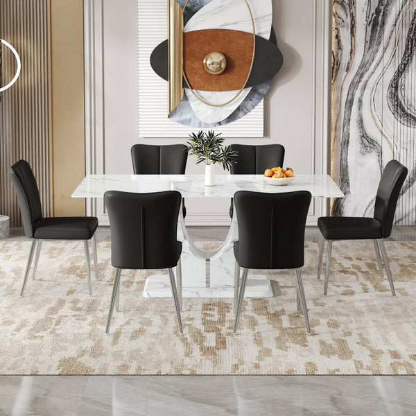 English Elm Table and Chair Set Modern Marble Glass Top Dining with Six Pu Leather Seats W1151S02125