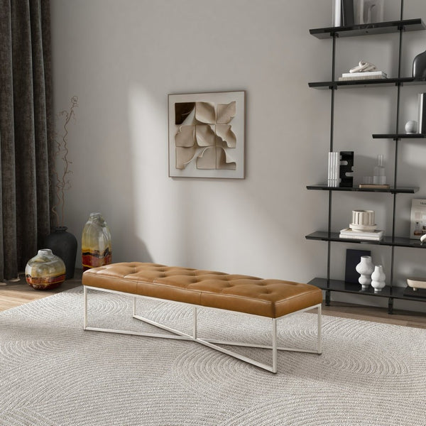 English Elm Harper Full-grain Leather Tufted Bench with Metal Base for Bedroom or Entryway B183P255200
