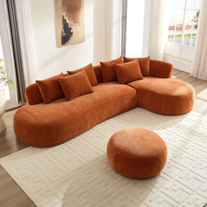 English Elm 134.6" Modern L-Shaped Sectional Sofa with Ottoman, Orange — Oversized 6-Pillow PU Leather Modular Comfort W3208S00008