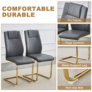 English Elm Table Set: Luxurious 9-Piece Dining Set With Pandora Glass Top, Golden Legs & 8 Gray Pu Chairs For Style W1151S03230-GIGA