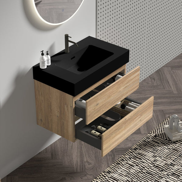 English Elm 30' Mid-Century Wall-Mounted Vanity with Oak-Tone Walnut Finish, Extra Storage & Soft-Close Drawers Oak W1865S00165
