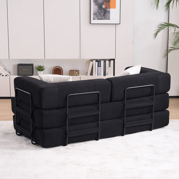 English Elm Folding Sofa Bed with Corduroy Cover, 78.5" Convertible Futon Couch, No-Assembly Foam Spring Mattress, Compact Sleeper for Living Room Black W2915P276677