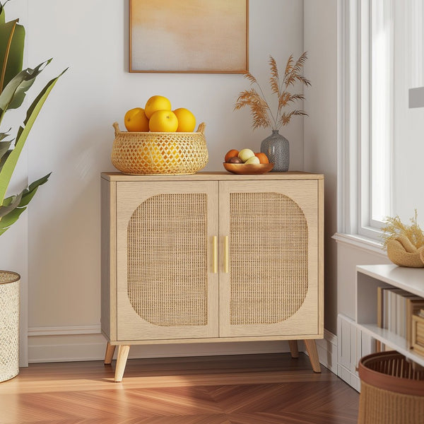 English Elm Buffet Cabinet Rattan Door Panels Solid Wood Feet Farmhouse Style Entryway Storage Natural W2386P207789