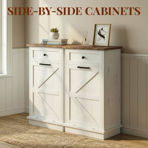English Elm Tilt Out Trash Cabinet with Storage Drawer Conceals 10 Gallon Bin Pet Proof Brown+White T5831P489249