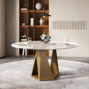 English Elm 59.05" Round Marble Dining Table - Elegant Sintered Stone Top With Bronze Iron Base For 6-8 People W1535S00471