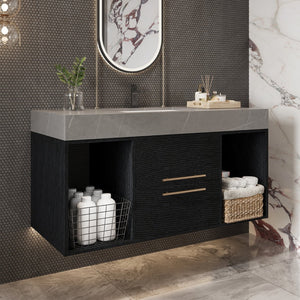 English Elm 39.4 Inch Floating Bathroom Vanity Sintered Stone Top Solid Wood 2 Soft Close Drawers W3136S00037