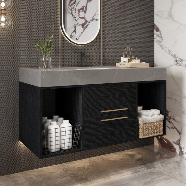 English Elm 39.4 Inch Floating Bathroom Vanity Sintered Stone Top Solid Wood 2 Soft Close Drawers W3136S00037