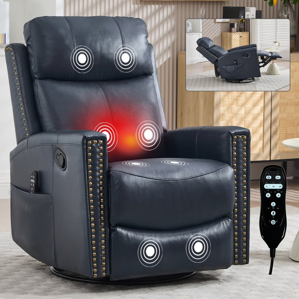 English Elm Blue Genuine Leather Rocker Swivel Recliner with Massage Heat for Living Room W1803P323714