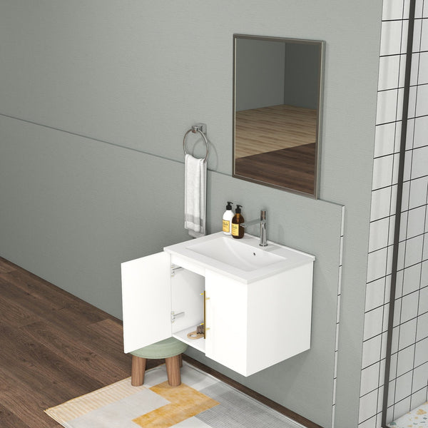 English Elm 24-Inch Wall-Mounted Bathroom Vanity & Mirror Combo - Modern Glossy White, Gold Handles, Soft Close W3151S00033