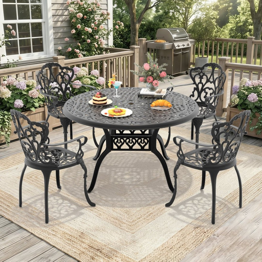 English Elm 5-piece Cast Aluminum Outdoor Dining Set with Ornate Relief Patterned Chairs and Table W1710S00553