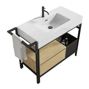 English Elm FORTE 36" Industrial Modular Bathroom Vanity with Durable Metal Frame, Quartz Basin, Soft-Close Drawer Oak,White W1865S00177