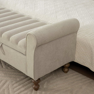 English Elm 65.55" Wide Greige Napped Fabric Storage Bench with Lift Top and Walnut Rubberwood Legs W3098P397305