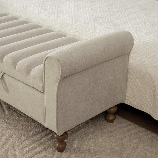 English Elm 65.55" Wide Greige Napped Fabric Storage Bench with Lift Top and Walnut Rubberwood Legs W3098P397305