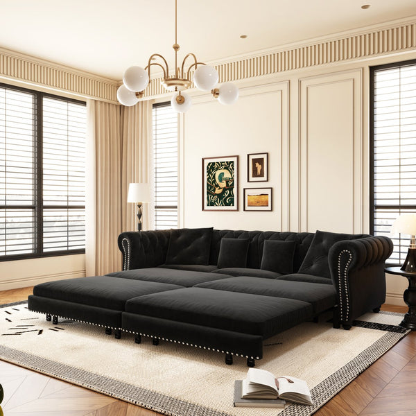 English Elm Chesterfield 3-In-1 Convertible Sofa Bed - Luxurious Velvet Tufted Design, Chaise & Ottoman Included W1885S00174