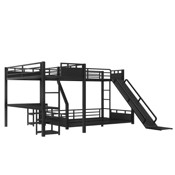 English Elm L-shaped Metal Triple Bunk Bed with Slide Desk Shelves and Usb Charging Black W1580S00569