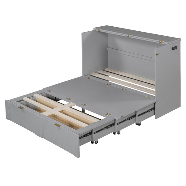English Elm Full Size Wall Murphy Bed Cabinet with Usb Ports Drawer and Pulley Lift Gray Finish LP100770AAE