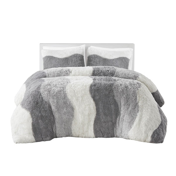 English Elm Full/Queen Cassie Ombre Shaggy Faux Fur Comforter Set - Tonal Wave Stripes, Dustproof, OEKO-TEX, Antimicrobial B035P148299