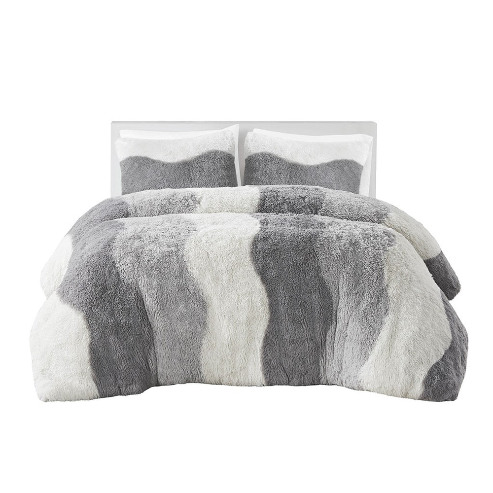 English Elm Twin/Twin Cassie Ombre Shaggy Faux Fur Comforter Set – Tonal Wave Stripes, Reversible Grey, OEKO-TEX B035P148298