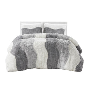 English Elm Twin/Twin Cassie Ombre Shaggy Faux Fur Comforter Set – Tonal Wave Stripes, Reversible Grey, OEKO-TEX B035P148298
