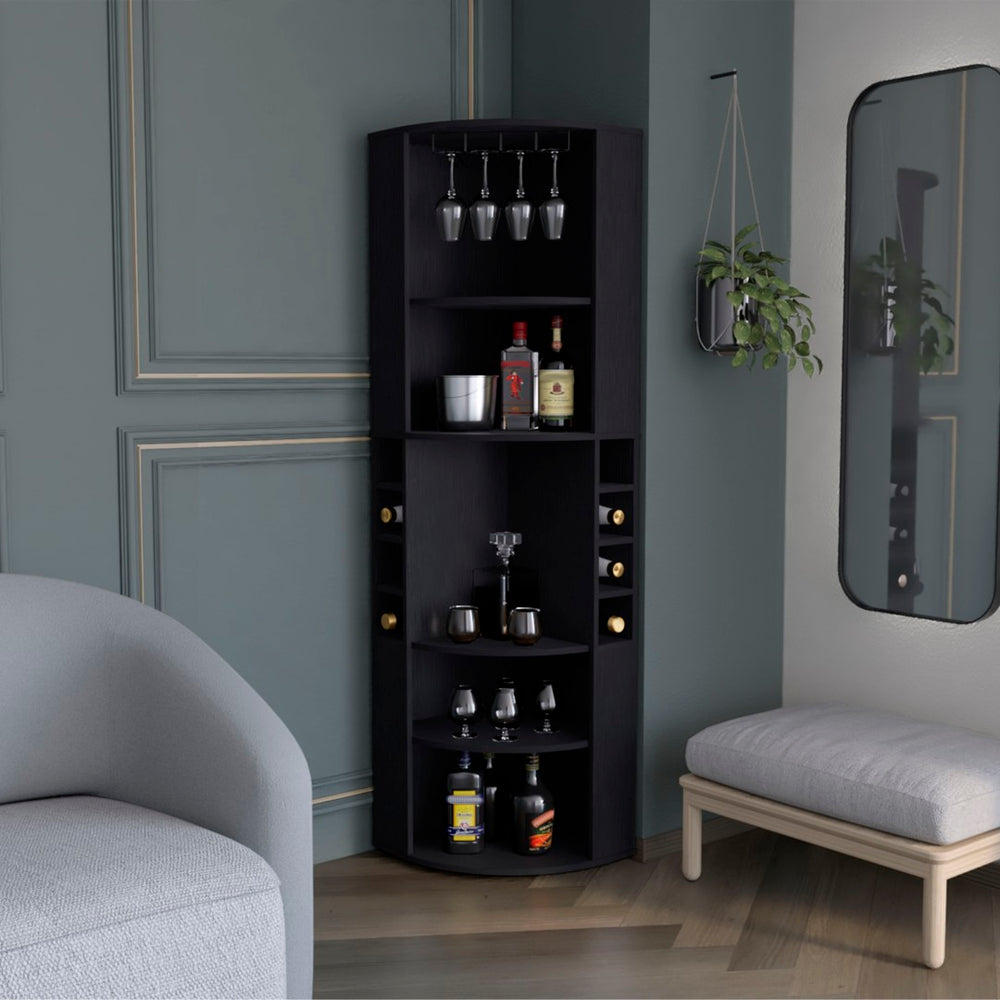 English Elm Oban Matte Black Corner Bar Cabinet with Bottle Cubbies and Open Stemware Shelves B200S00390