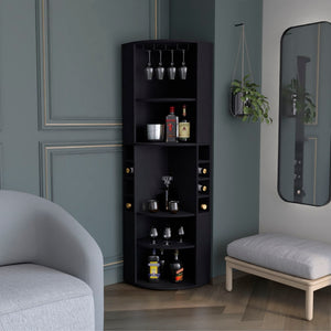 English Elm Oban Matte Black Corner Bar Cabinet with Bottle Cubbies and Open Stemware Shelves B200S00390