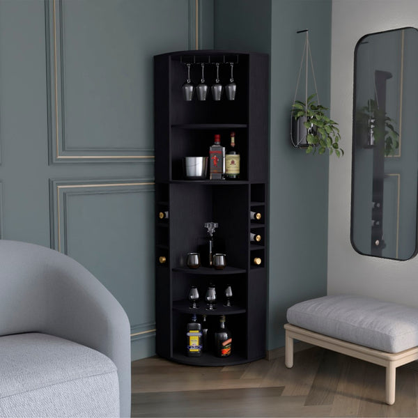 English Elm Oban Matte Black Corner Bar Cabinet with Bottle Cubbies and Open Stemware Shelves B200S00390