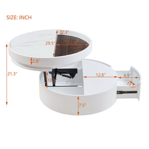 English Elm White Round Lift Coffee Table 29.5" with Marble-Wood Grain Top, Hidden Drawer Storage, Modern Durable Design N735P332429K