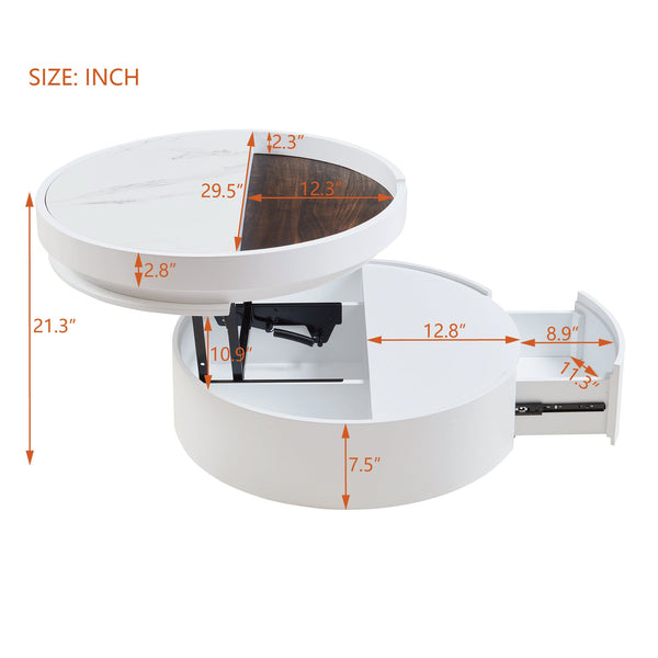English Elm White Round Lift Coffee Table 29.5" with Marble-Wood Grain Top, Hidden Drawer Storage, Modern Durable Design N735P332429K
