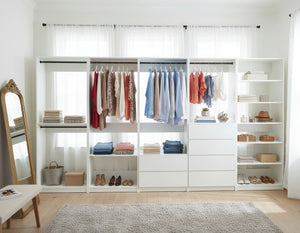 English Elm Prosper White Freestanding Walk-In Wood Closet System with Oak Finish, Durable Melamine Build, Modular Storage Solutions B040S00135