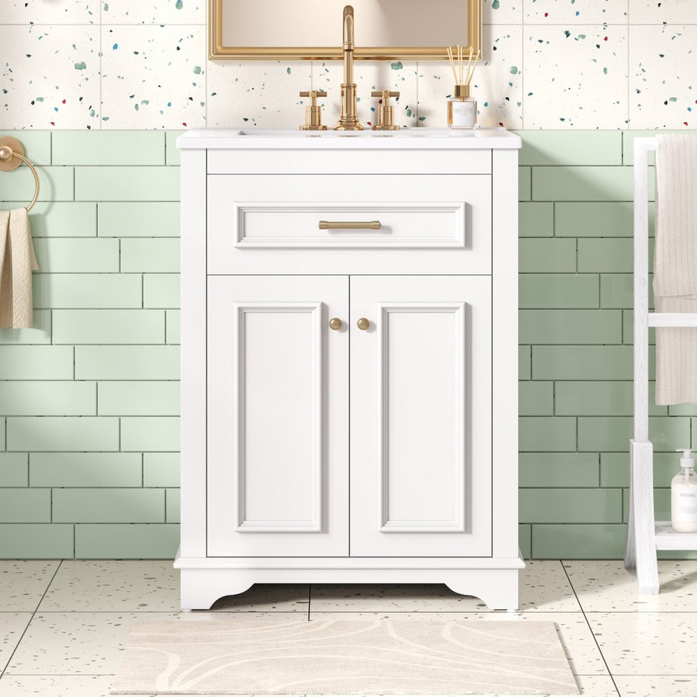 English Elm 24" Matte Single Sink Vanity Solid Poplar Frame Gold Hardware Soft Close Cabinet White N710P389449K