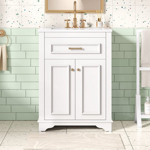 English Elm 24" Matte Single Sink Vanity Solid Poplar Frame Gold Hardware Soft Close Cabinet White N710P389449K
